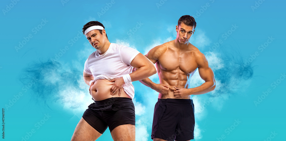 Awesome Before and After Weight Loss fitness Transformation. The man was fat but became athlet. Fat to fit concept. Awesome Before and After Weight Loss fitness Transformation. The man was fat but became athlet. Fat to fit concept.