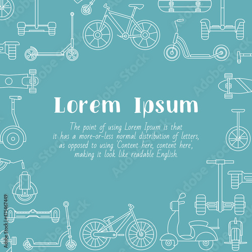 Electric transport - card with text and vector outline illustrations of scooter, skate, skateboard and bike for graphic design