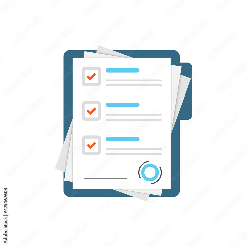 Contract document icon in flat style. Report with signature and approval stamp vector illustration on isolated background. Paper sheet sign business concept. Contract document icon in flat style. Report with signature and approval stamp vector illustration on isolated background. Paper sheet sign business concept.
