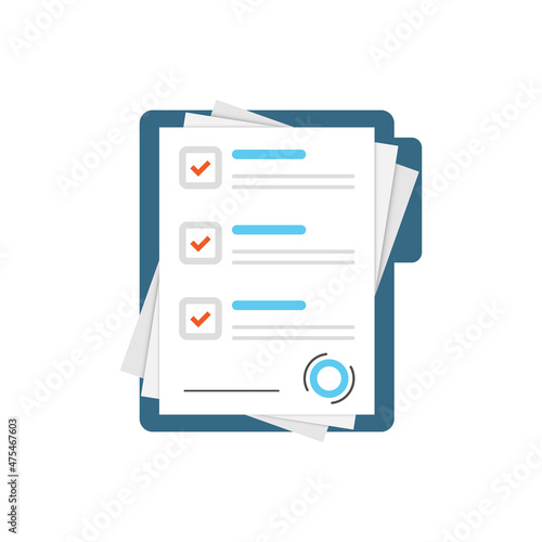 Contract document icon in flat style. Report with signature and approval stamp vector illustration on isolated background. Paper sheet sign business concept.