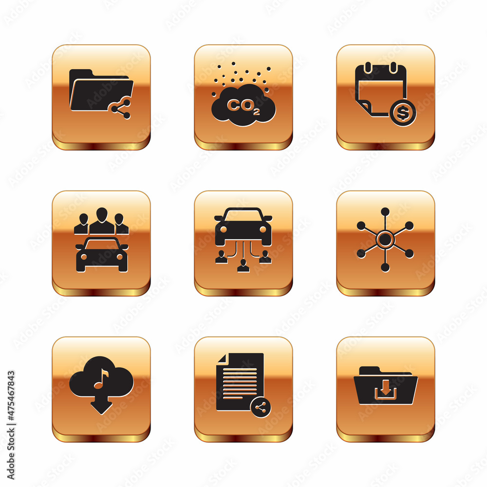Set Share folder, Cloud download music, file, Car sharing, and Financial calendar icon. Vector Set Share folder, Cloud download music, file, Car sharing, and Financial calendar icon. Vector