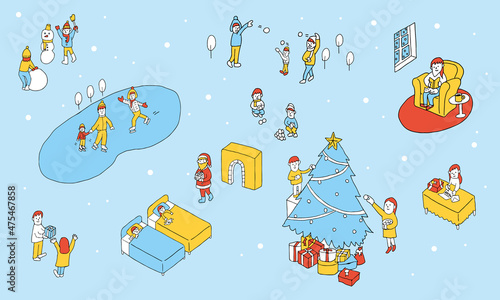 冬のアクティビティと暮らしのイラスト　クリスマスツリー　サンタクロース　アイススケート　雪合戦