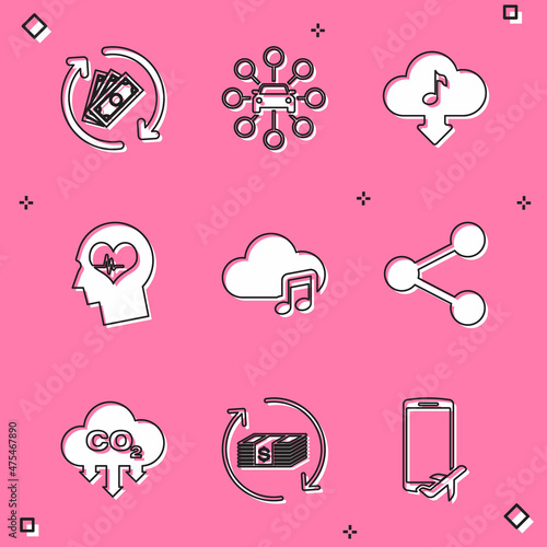 Set Refund money, Car sharing, Cloud download music, Head with heartbeat, Music streaming service and Share icon. Vector