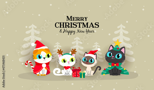 Merry Christmas and Happy New Year Greeting Card Vector illustration. Cute cats in Christmas pet costume.