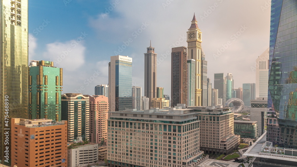 Obraz premium Dubai International Financial district aerial timelapse. Panoramic view of business and financial office towers.