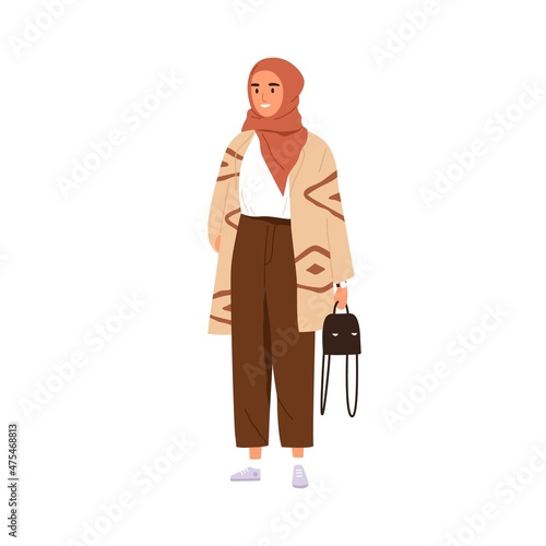 Muslim woman in hijab and pants. Modern Arab female wearing fashion casual clothes. Arabian stylish person in traditional headscarf and sneakers. Flat vector illustration isolated on white background