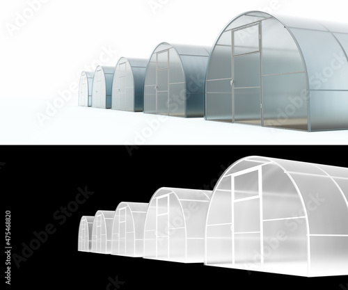 Farm greenhouses for growing plants, fruits, berries, vegetables, flowers. Isolated through the alpha channel. Very high quality mask without unnecessary edges. Clipart. 3d rendering