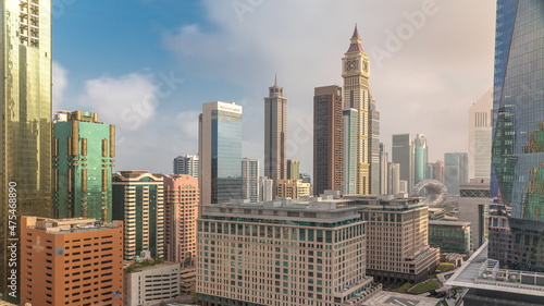 Dubai International Financial district aerial timelapse. Panoramic view of business and financial office towers. © neiezhmakov