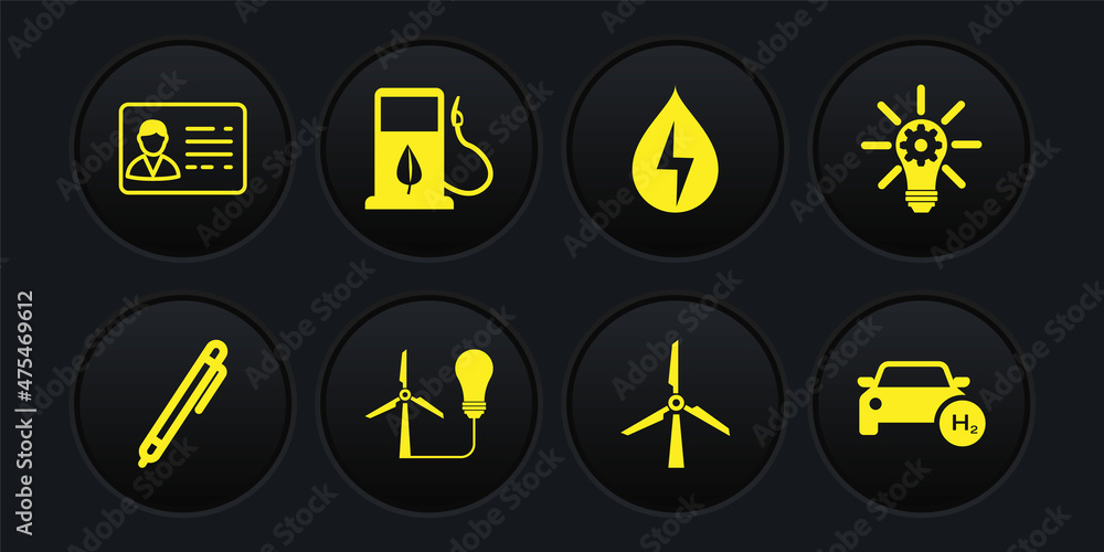 Set Pen, Light bulb with gear, wind turbine, Wind, Water energy, Bio fuel fueling nozzle, Hydrogen car and Identification badge icon. Vector Set Pen, Light bulb with gear, wind turbine, Wind, Water energy, Bio fuel fueling nozzle, Hydrogen car and Identification badge icon. Vector