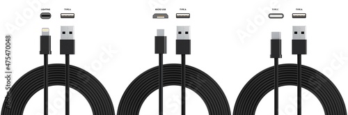 USB cables type A, and type C plugs, micro USB and lightning, universal computer and phone connection on white background. isolated usb cord.  Charger usb cable on a white background. 3D render.  photo