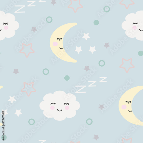 seamless pattern for baby sleep cute cloud and moon with stars on light blue pastel note. cartoon pattern, kids cute pattern for textile, fabric, wallpaper