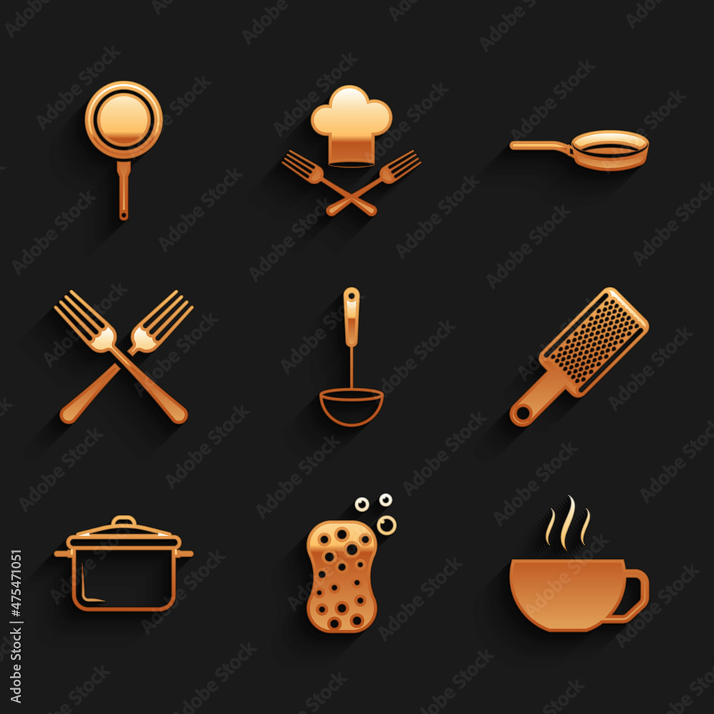 Set Kitchen ladle, Sponge with bubbles, Coffee cup, Grater, Cooking pot, Crossed fork, Frying pan and icon. Vector