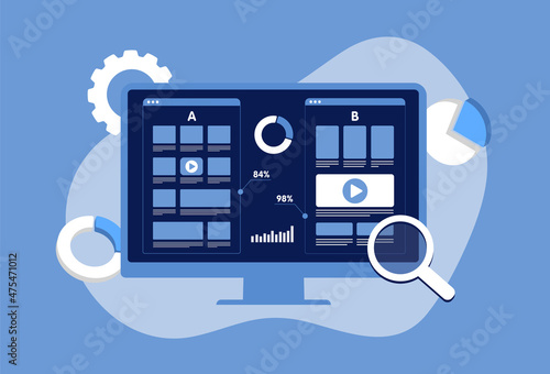 AB testing flat vector concept - split test comparison with randomized experiments campaign. Smartphone with two A-B websites with a different web development UI interface on the screen