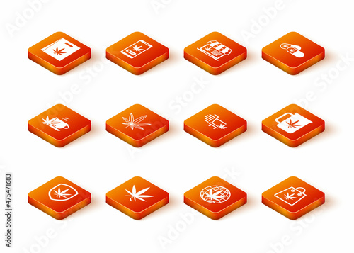 Set Shield and marijuana, Marijuana or cannabis leaf, Cup tea with, Legalize, Shopping cart, bag of and icon. Vector