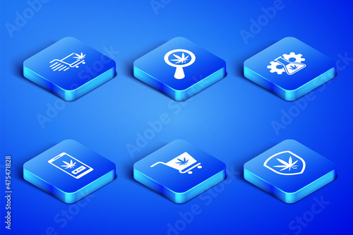 Set Shield and marijuana, Shopping cart with, Online buying, Magnifying glass and Test tube icon. Vector
