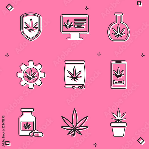Set Shield and marijuana, Online buying, Test tube with, Marijuana or cannabis seeds, Medical bottle and leaf icon. Vector