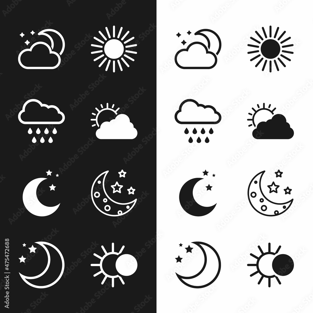 Set Sun and cloud weather, Cloud with rain, moon stars, Moon, Eclipse of sun and icon. Vector Set Sun and cloud weather, Cloud with rain, moon stars, Moon, Eclipse of sun and icon. Vector