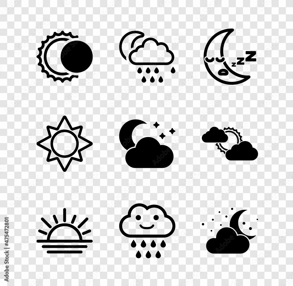 Set Eclipse of the sun, Cloud with rain and moon, Moon icon, Sunset, stars, and icon. Vector