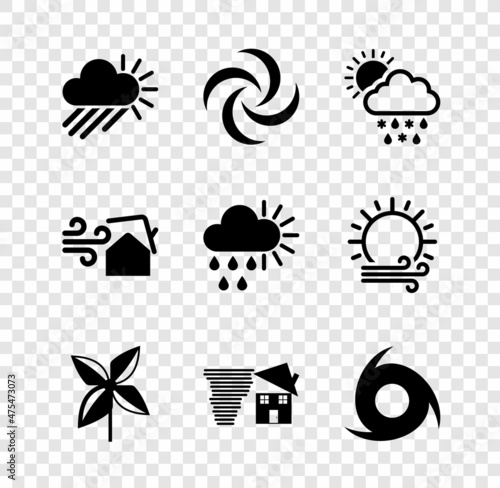 Set Cloudy with rain and sun, Tornado, snow, rain,, Pinwheel, swirl, and icon. Vector