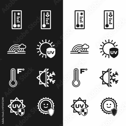 Set UV protection, Rainbow with cloud, Meteorology thermometer, Sun and snowflake, and icon. Vector