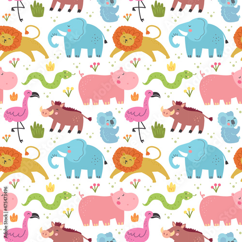 Wild animals endangered species. Seamless pattern, texture, background. Elephant, lion, flamingo, snake, hippo, koala, warthog. Vector design for children. Editable background. © Fox._.biz