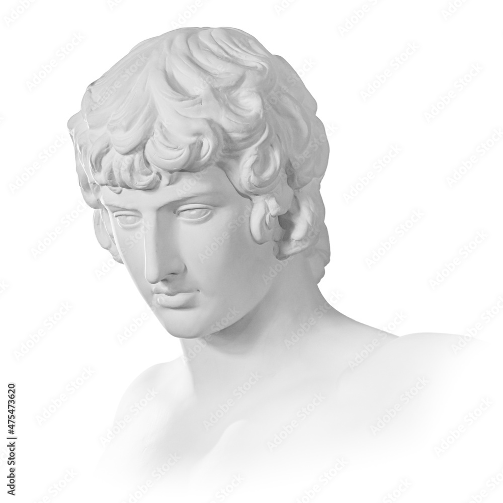 Gypsum copy of famous ancient statue Antinous bust isolated on a white background with clipping path. Plaster antique sculpture young man face. Renaissance epoch. Portrait Gypsum copy of famous ancient statue Antinous bust isolated on a white background with clipping path. Plaster antique sculpture young man face. Renaissance epoch. Portrait
