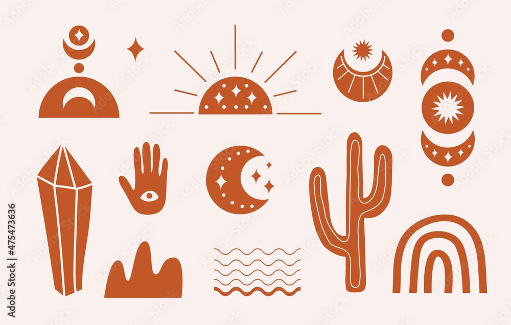Modern hand drawn set boho elements with mystery symbols in terracotta colors. Bohemian vector ilustration.  All objects are isolated - obrazy, fototapety, plakaty 