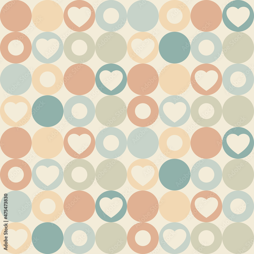 Retro seamless geometric pattern with heart and circle. Valentine's day minimalistic artwork poster. Vector pattern design for web banner, branding package, fabric print, wallpaper Retro seamless geometric pattern with heart and circle. Valentine's day minimalistic artwork poster. Vector pattern design for web banner, branding package, fabric print, wallpaper