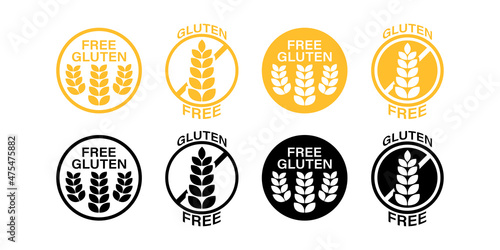 Gluten free vector diet stamp icon set. Wheat product allergy yellow and black symbol collection.
