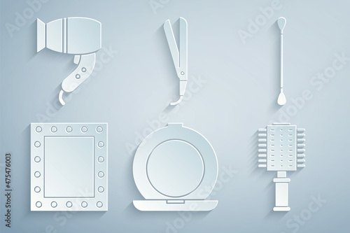 Set Makeup powder with mirror, Cotton swab for ears, lights, Hairbrush, Curling iron and dryer icon. Vector
