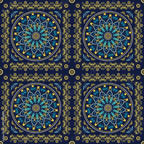 Vector tile pattern, Lisbon flower mosaic, Mediterranean turkish navy blue ornament