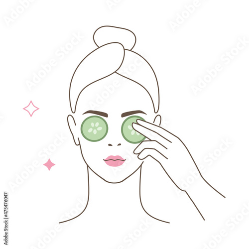 Beautiful girl take care of her face . Woman making skincare procedures with gua sha. Skin care routine, facial massage. Flat vector Illustration icon set