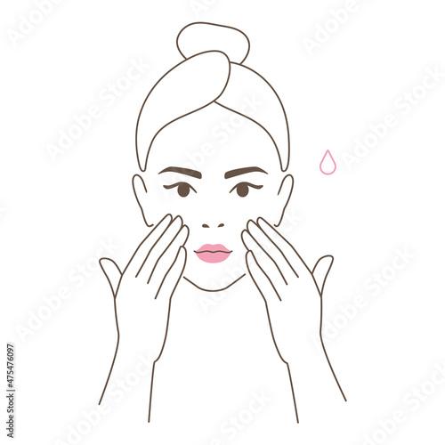 Beautiful girl take care of her face . Woman making skincare procedures with gua sha. Skin care routine, facial massage. Flat vector Illustration icon set