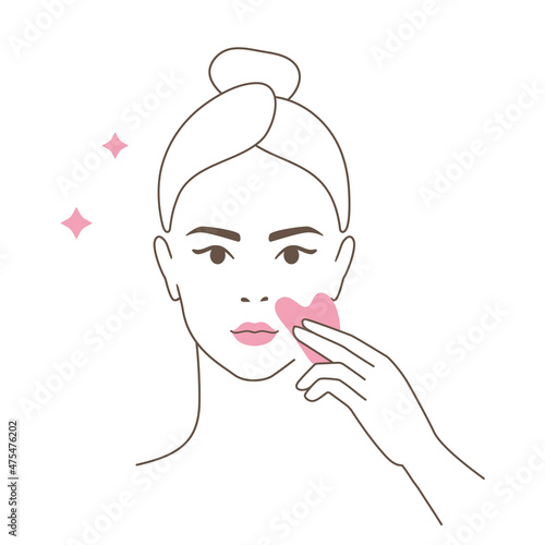 Beautiful girl take care of her face . Woman making skincare procedures with gua sha. Skin care routine, facial massage. Flat vector Illustration icon set