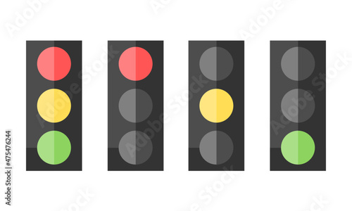 Traffic signal light pole rules street with red yellow and green light on street road on white background flat icon vector design.