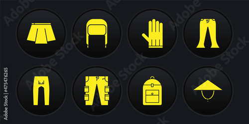 Set Pants, Cargo pants, Backpack, Leather glove, Winter hat with ear flaps, Asian conical and Skirt icon. Vector