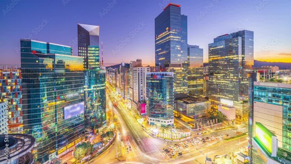 Timelapse 4k,Sunset with top view Gangnam city at Seoul South Korea.Zoom in