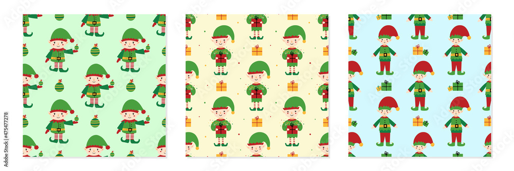 Set, collection of three vector seamless pattern backgrounds with christmas elf character with gifts and christmas decorations.

