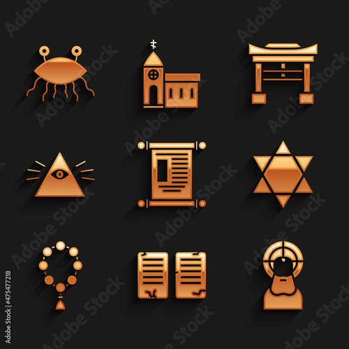 Set Decree, paper, parchment, scroll, The commandments, Jesus Christ, Star of David, Rosary beads religion, Masons, Japan Gate and Pastafarianism icon. Vector