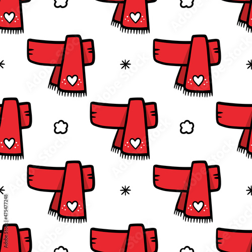 Cute doodle style warm red scarfs with snowflakes and snowballs vector seamless pattern background for winter clothes design.