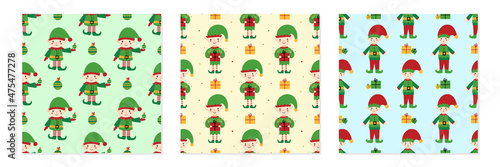 Set, collection of three vector seamless pattern backgrounds with christmas elf character with gifts and christmas decorations.
