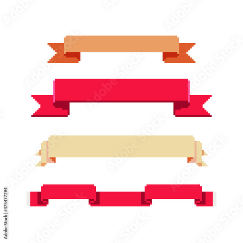 Ribbons set. Pixel art style banners. New Year's design of greeting card and invitation. Isolated vector illustration.