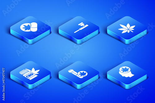 Set Head with marijuana or cannabis, Herbal ecstasy tablets, Chemical test tube, Medical bottle, Smoking pipe and Marijuana leaf icon. Vector