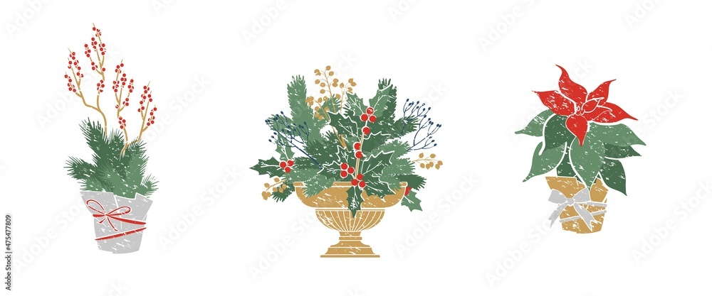 Natural forest bouquets pots and vases set for Christmas decoration. Floral arrangements. Evergreens, conifers, berries, leaves, thorns, cones. Vector color illustration Natural forest bouquets pots and vases set for Christmas decoration. Floral arrangements. Evergreens, conifers, berries, leaves, thorns, cones. Vector color illustration