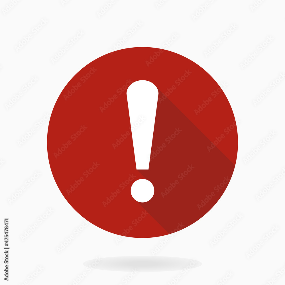 White vector exclamation flat icon in red circle. Flat design and long shadow White vector exclamation flat icon in red circle. Flat design and long shadow