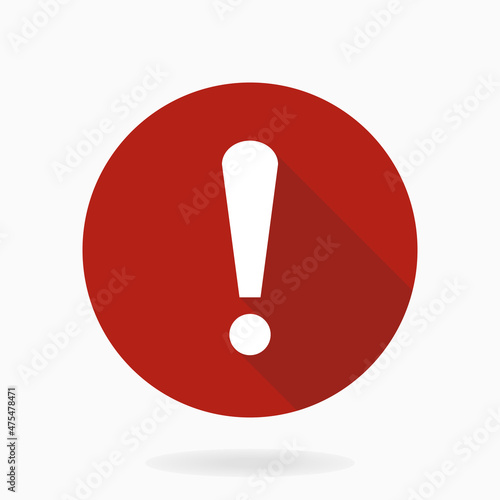 White vector exclamation flat icon in red circle. Flat design and long shadow