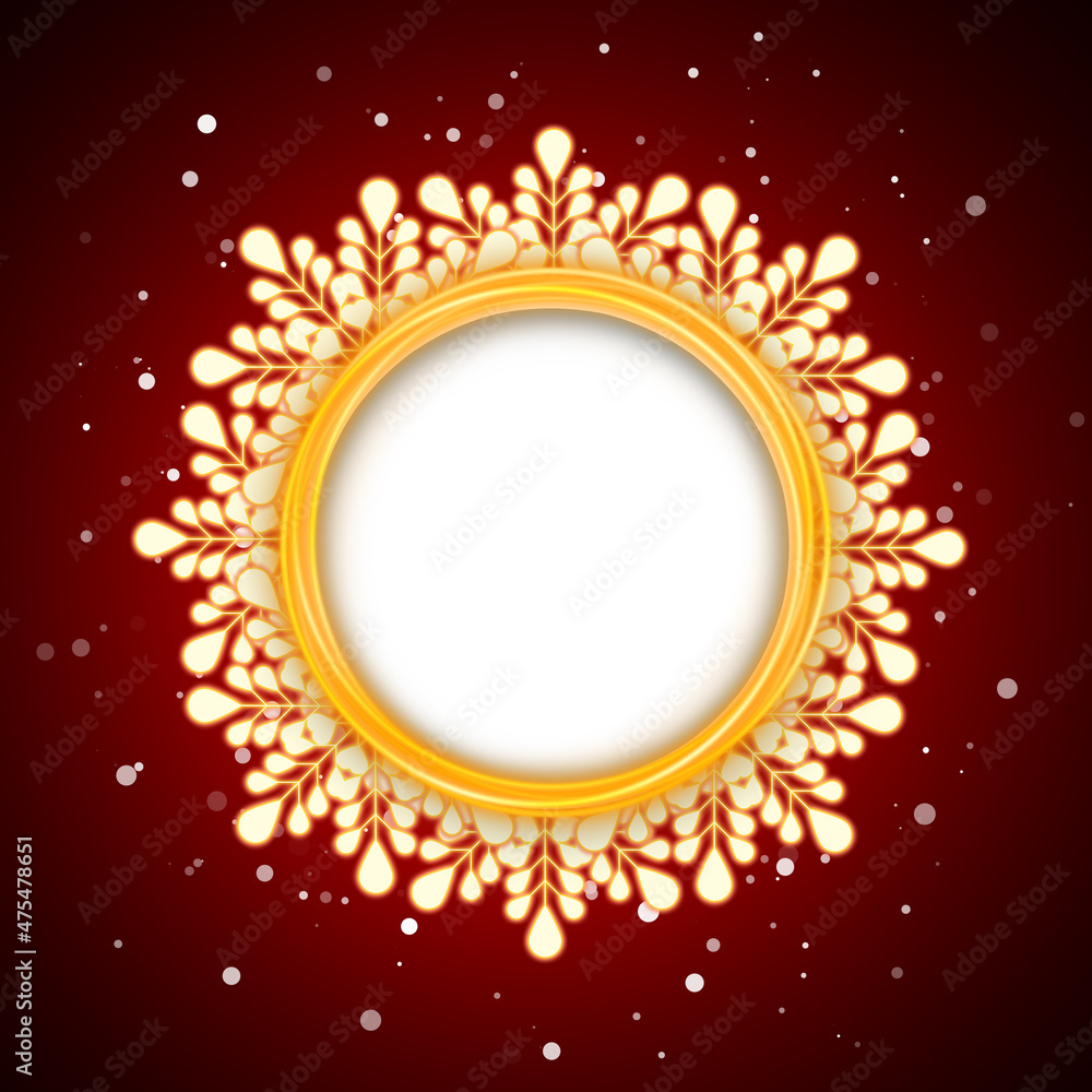 Square illustration with a round frame and golden snowflakes on a bright red background. Beautiful, bright illustration on a red background, golden snowflakes on a bright background and blurred lights