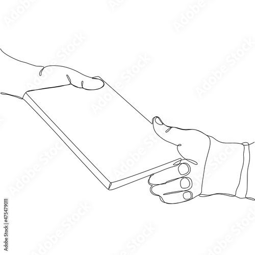 ook. Two hands pass the book. One line drawing isolated on white background. Beautiful hand draw design vector illustration for posters, wall art, tote bag, mobile case, t-shirt print