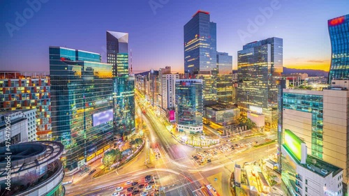 Timelapse 4k,Sunset with top view Gangnam city at Seoul South Korea.