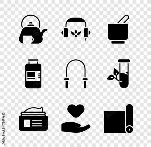 Set Teapot with cup, Headphones for meditation, Mortar and pestle, Ointment cream tube, Heart hand, Fitness mat roll, Collagen serum and Jump rope icon. Vector